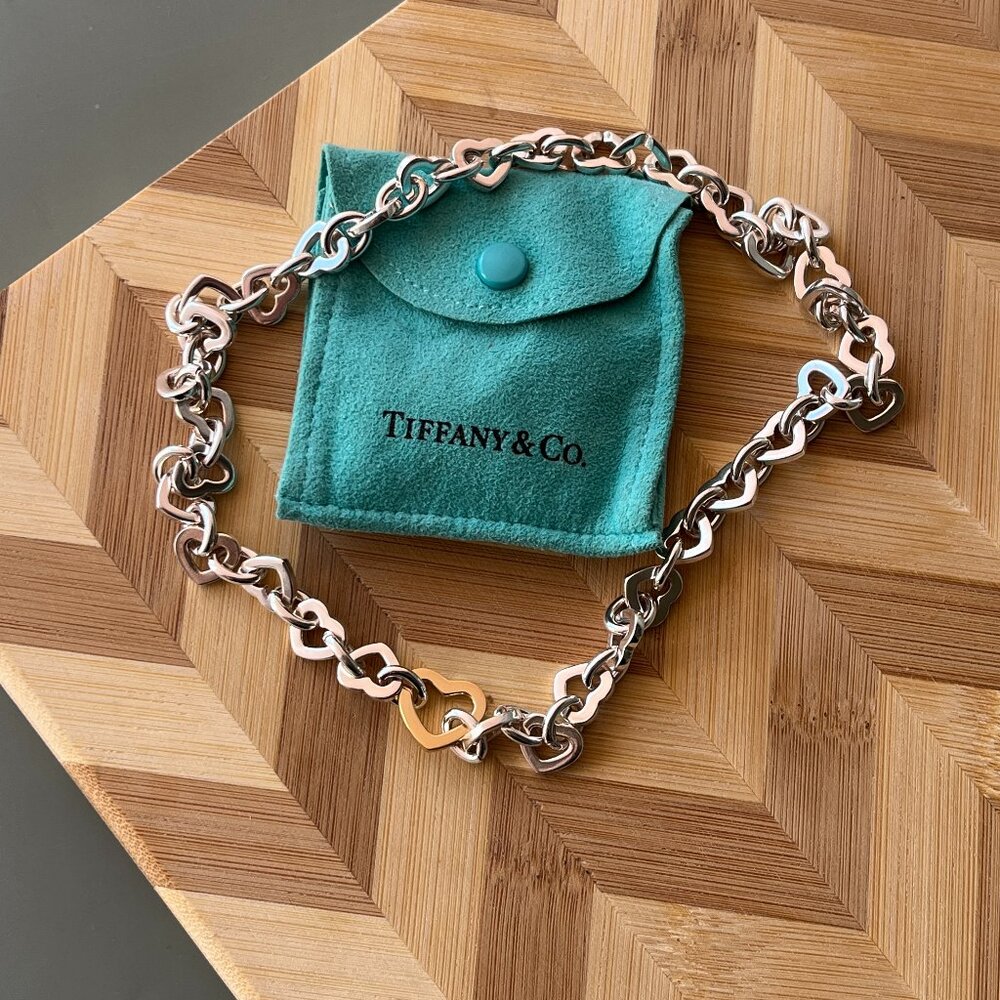Tiffany & Co. Sterling Silver & 18k Gold 750 Heart Chain Link Necklace